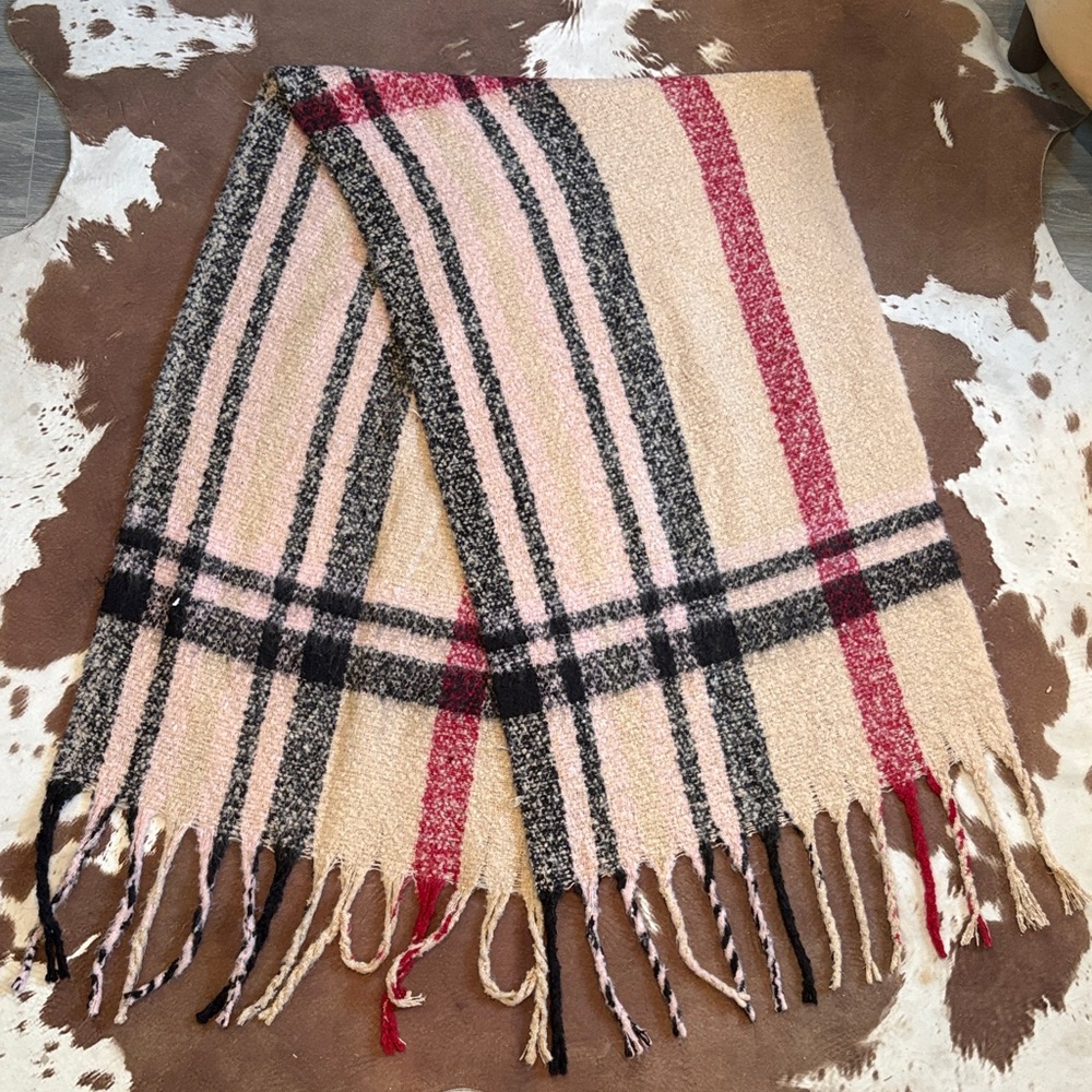 Plaid Fringe Wrap Scarf in Pink and Black